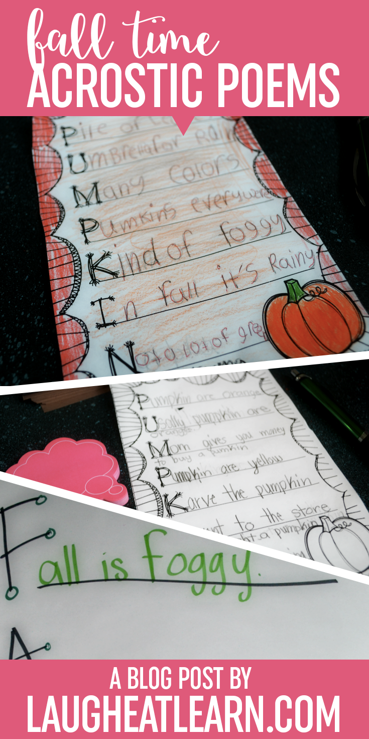 I love using acrostic poems during the fall seasons because there are so many things that can be described. My students always are able to quickly create these poems from their schema. It's a no hassle fun way to introduce a simple form of poetry. 