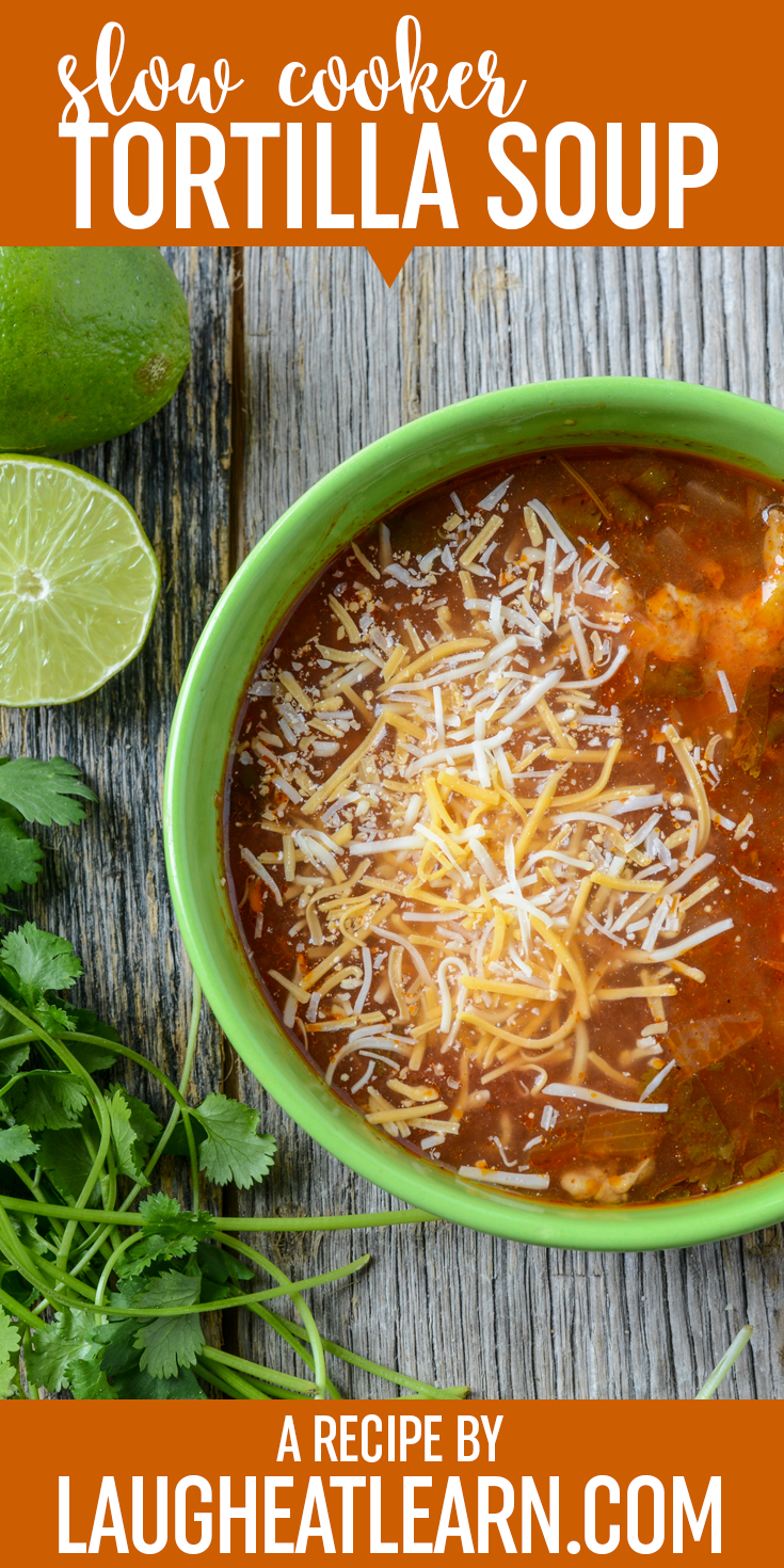 This recipe for chicken tortilla soup is perfect for your slow cooker! It's an easy, traditional soup that can be made early morning and be ready for dinner when you get home. Top with fresh avocado pieces, Mexican cheese, and crushed up tortilla chips. 