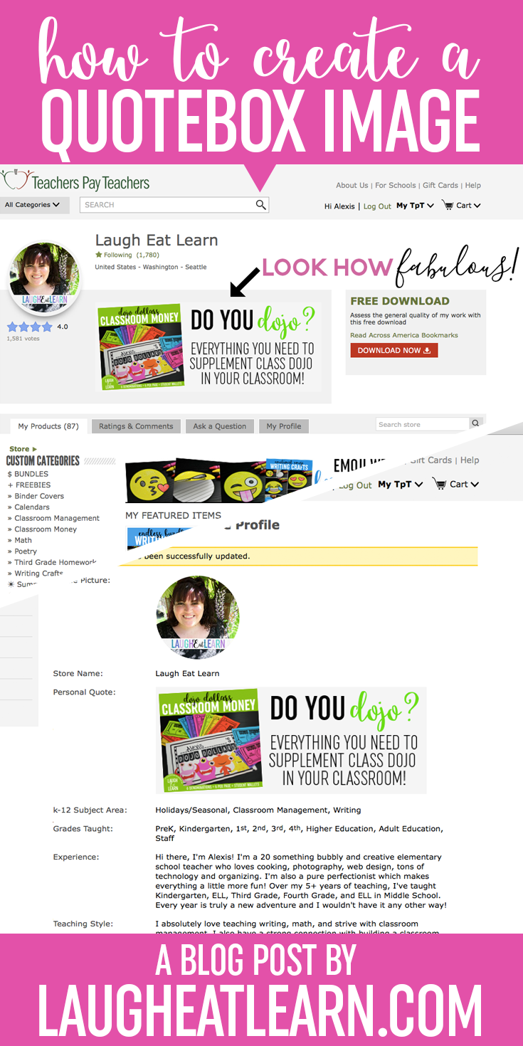 Calling all Teacherpreneurs! Learn how to create and install a quotebox image in your Teachers Pay Teachers shop. The quotebox space is a perfect space for branding and/or promotion for your best selling classroom products. This tutorial is easy to follow and includes a FREE template to make your own images for your TPT store!