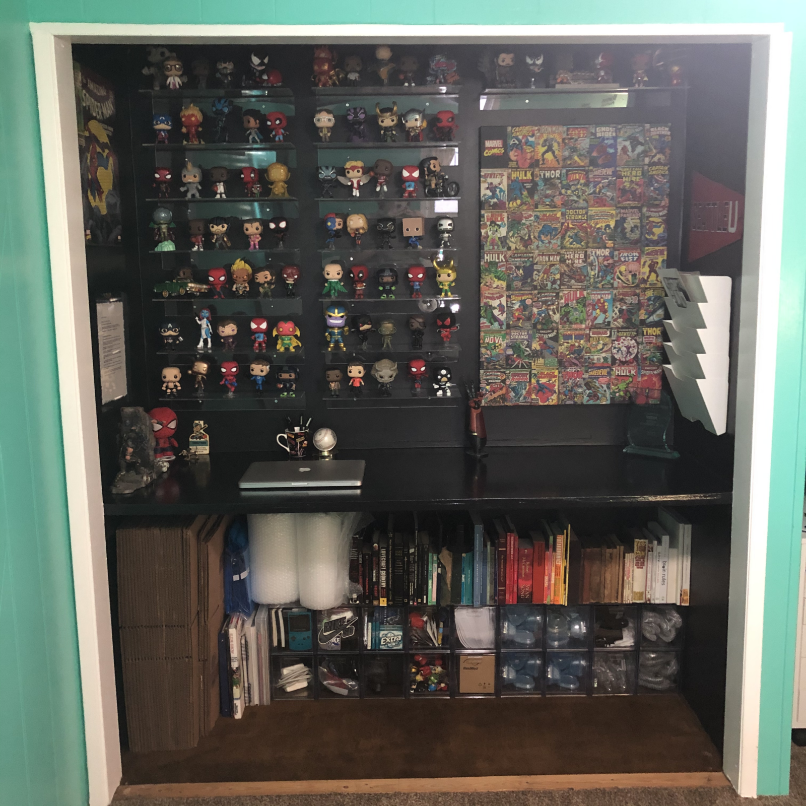 Collection of Funko Pop! displayed on the wall