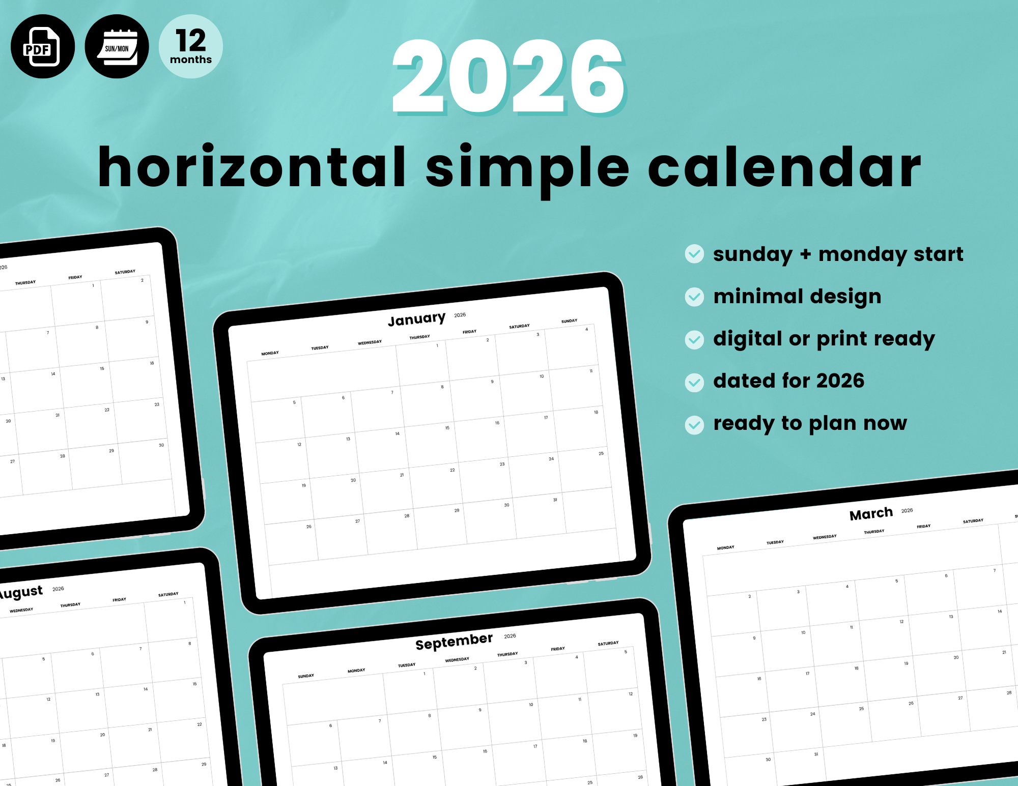 2026 Horizontal Simple Calendar