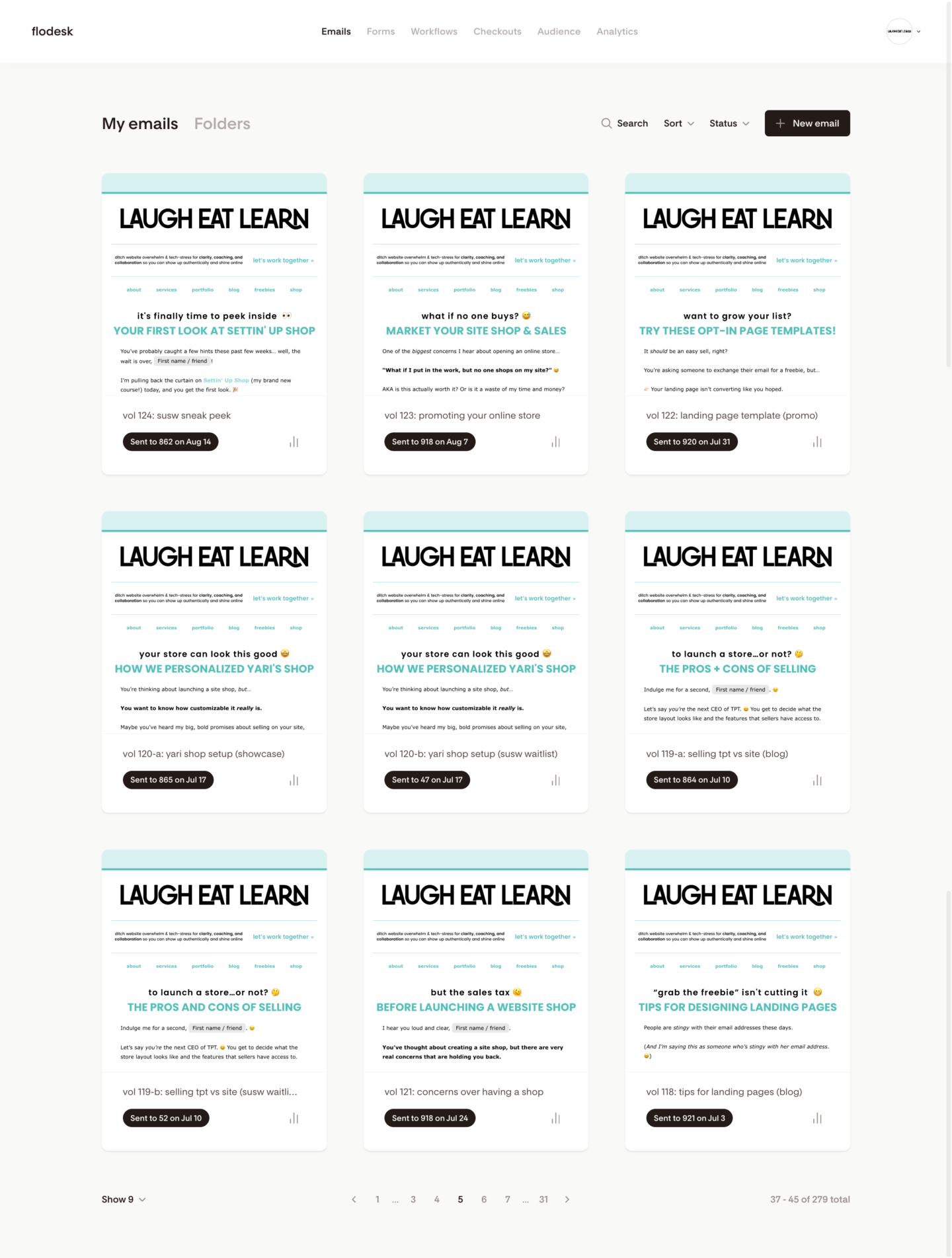 Screenshot of Laugh Eat Learn's Flodesk dashboard and the amount of emails she has sent over the years